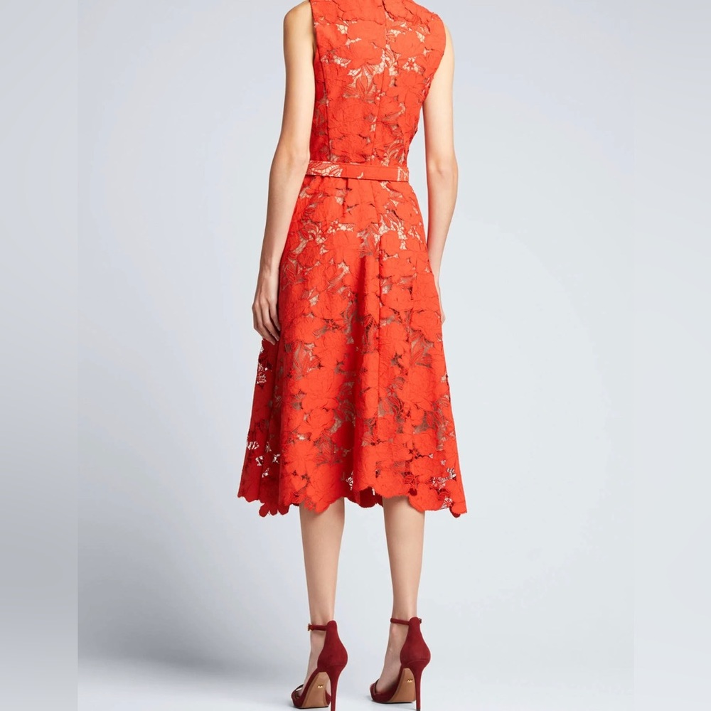 Oscar de la Renta Red Magnolia Belted Guipure Lace A-Line Dress in Sienna NWT 6 - Picture 2 of 6